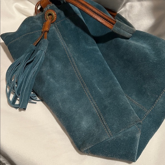 VINTAGE~BoHo Lucky Brand Teal Suede Shoulder Bag - Picture 2 of 11